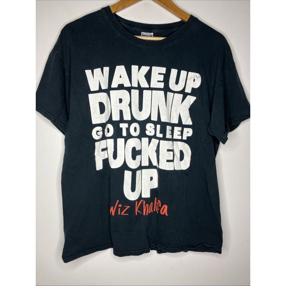 Wiz Khalifa T-Shirt Men's Large Black Wake Up Drunk Rap Tee Distressed